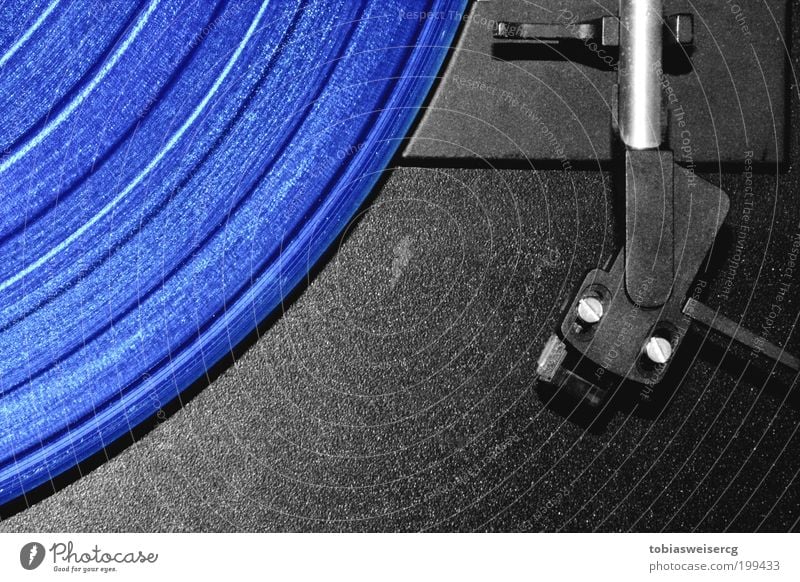 Blue music? Night life Music Disc jockey Record player Pick-up head Listen to music Media Plastic Line Old Esthetic Retro Black Silver Colour photo Deserted