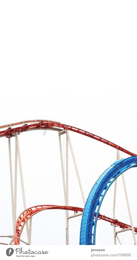 ups and downs Leisure and hobbies Trip Amusement Park Above Under Blue Red White Emotions Joy Happy Happiness Movement Roller coaster Abstract Section of image