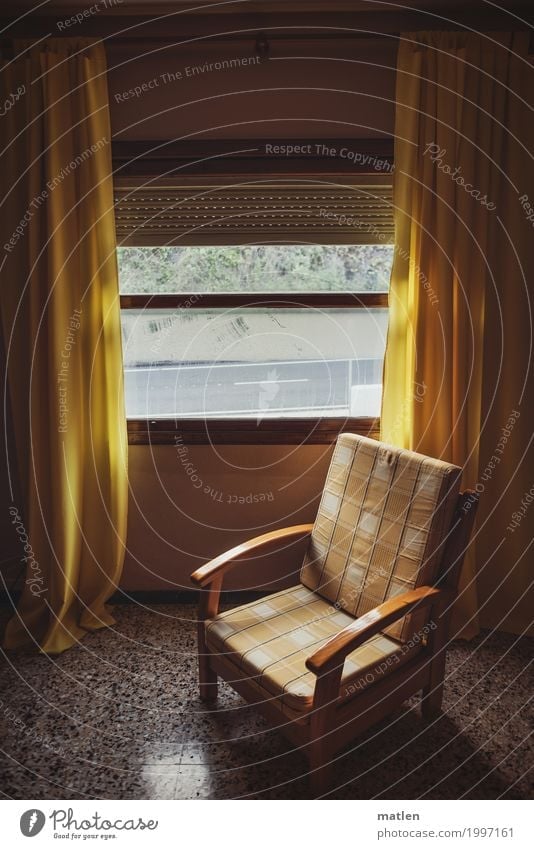 Thanks to Photocase this here:Herberget like to Window Old Dark Brown Yellow Gray Modest Armchair Derelict Hotel room Curtain Empty Bolster Venetian blinds