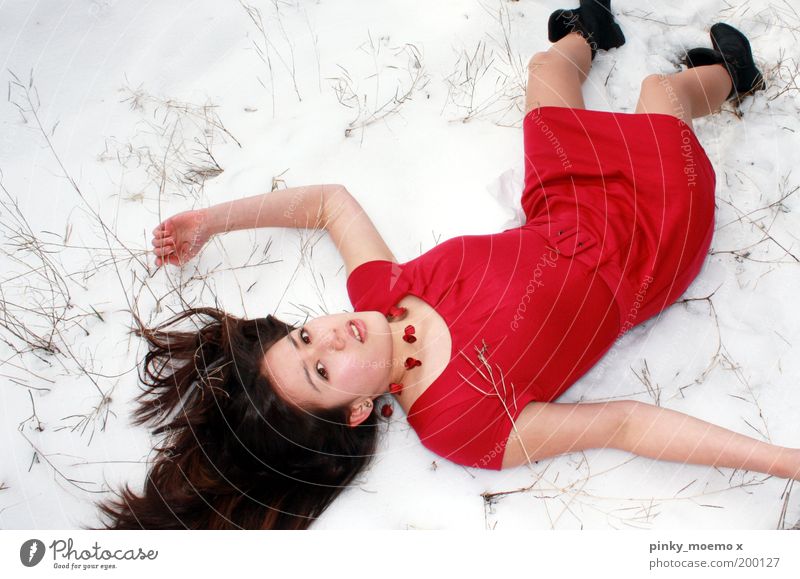 small cooling Human being Young woman Youth (Young adults) Woman Adults 1 Nature Snow Lie Red White Cold Exterior shot Experimental Day Light Shadow Contrast