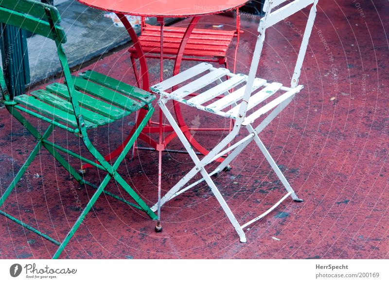 Italian? Furniture Chair Table Folding chair Metal Green Red White 3 Multicoloured Colour photo Exterior shot Close-up Deserted Copy Space right