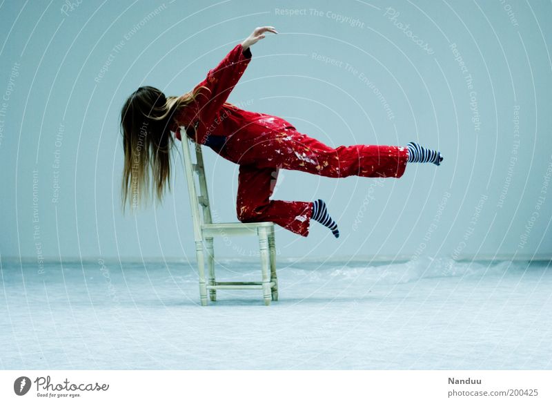 Position 3: Flying is beautiful. Human being Feminine Whimsical Surrealism Working clothes Red Dappled Colour photo Studio shot Day Chair Athletic Hover Yoga