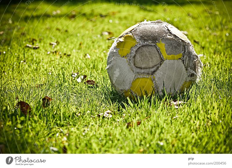 the last kick Sports Leisure and hobbies Foot ball Ball Nature Grass Grass surface Old Broken Green Loneliness Nostalgia Transience Subdued colour