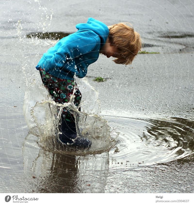 Little boy jumps into a puddle that makes the water run high Human being Masculine Toddler Infancy 1 1 - 3 years Environment Water Drops of water Summer