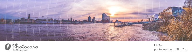 Hamburg panorama from the south bank | 555 Tourism Sightseeing City trip Water Sky Sun Sunrise Sunset Sunlight Spring Beautiful weather River bank Elbe Germany