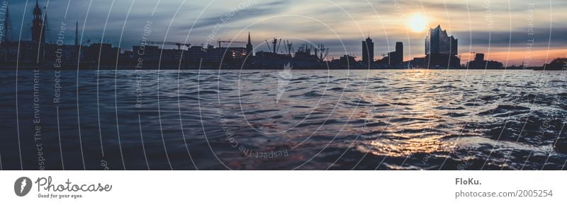 Hamburg City Panorama in the morning Tourism Trip Sightseeing City trip Waves Elements Water Sky Clouds Sun Sunrise Sunset River Elbe Germany Europe Town