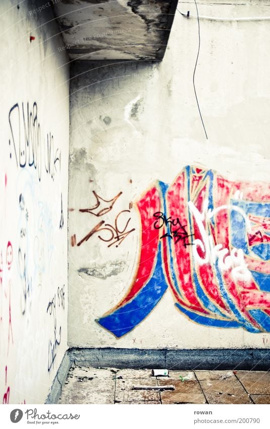 Mostar Graffiti Youth culture Subculture Old Gloomy Town Street art Ruin Broken Decline Red Blue Colour photo Exterior shot Deserted Day Wall (building)