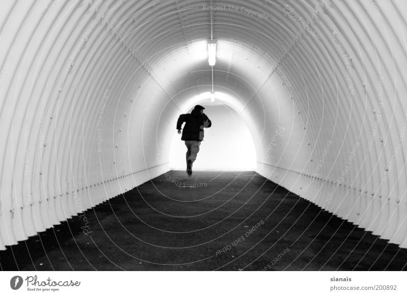 my little runaway Running Hope Concern Fear Fear of the future Distress Escape Refugee Tunnel Pedestrian underpass Pipe Haste Stress Minimalistic Simple