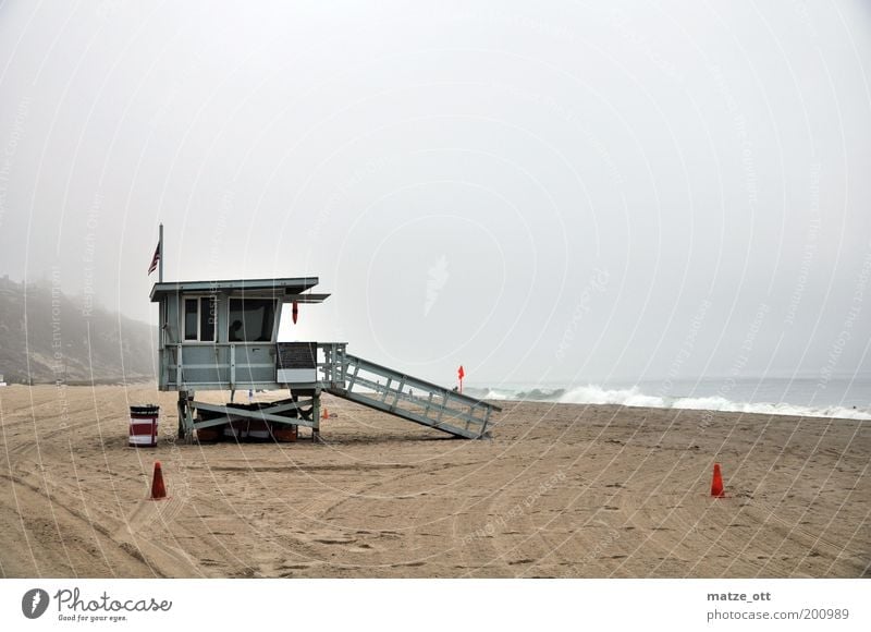 No sun in California Leisure and hobbies Vacation & Travel Tourism Summer Beach Ocean Waves Nature Sand Water Fog Coast Bay Cold Gloomy Lifeguard Calm Boredom
