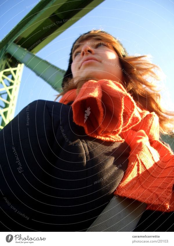 Buda01 Worm's-eye view Scarf Winter Long-haired Woman Blonde Budapest Bridge Blue sky Orange