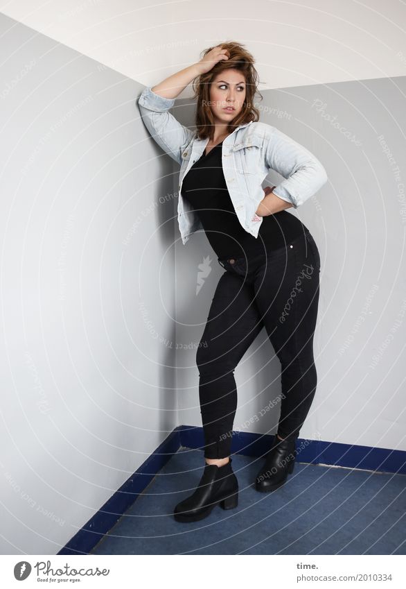 Anne Staircase (Hallway) Feminine Woman Adults 1 Human being T-shirt Pants Jacket Boots Brunette Long-haired Observe To hold on Looking Stand Beautiful