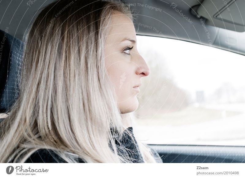drive drive Feminine Young woman Youth (Young adults) 18 - 30 years Adults Town Motoring Street Crossroads Blonde Long-haired Driving Beautiful Natural Fatigue