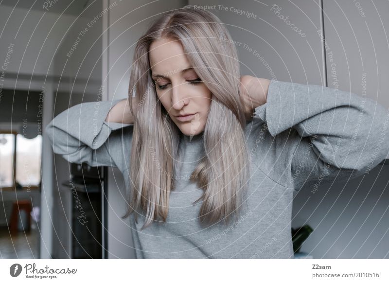 hair day Lifestyle Elegant Style Living or residing Flat (apartment) Feminine Young woman Youth (Young adults) 18 - 30 years Adults Sweater Blonde Gray-haired