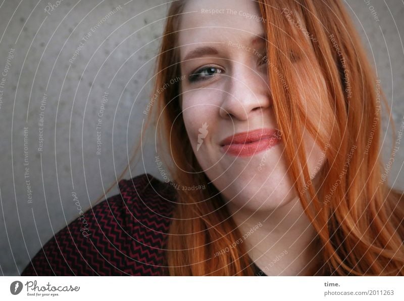 anastasia Feminine Woman Adults 1 Human being Wall (barrier) Wall (building) Sweater Red-haired Long-haired Part Observe Smiling Looking Friendliness Happiness