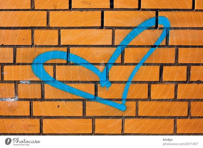 blue love Wall (barrier) Wall (building) Brick wall Sign Graffiti Heart Esthetic Authentic Friendliness Fresh Positive Blue Orange Love Infatuation Humanity