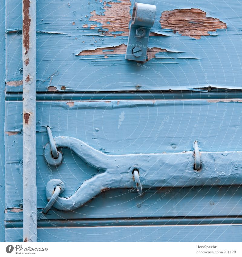 Provencal blue Shutter Metal fitting Wood Rust Old Blue Decline Transience Light blue Flake off Varnish Dye Colour photo Exterior shot Close-up Detail