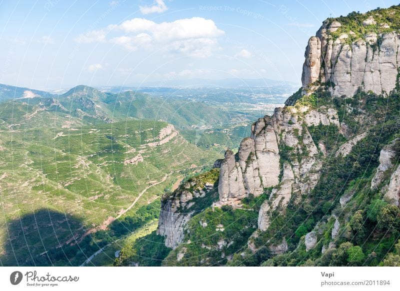 Landscape with rocks on famous Montserrat mountain Vacation & Travel Tourism Far-off places Summer Mountain Nature Sky Clouds Horizon Sunlight Spring Tree