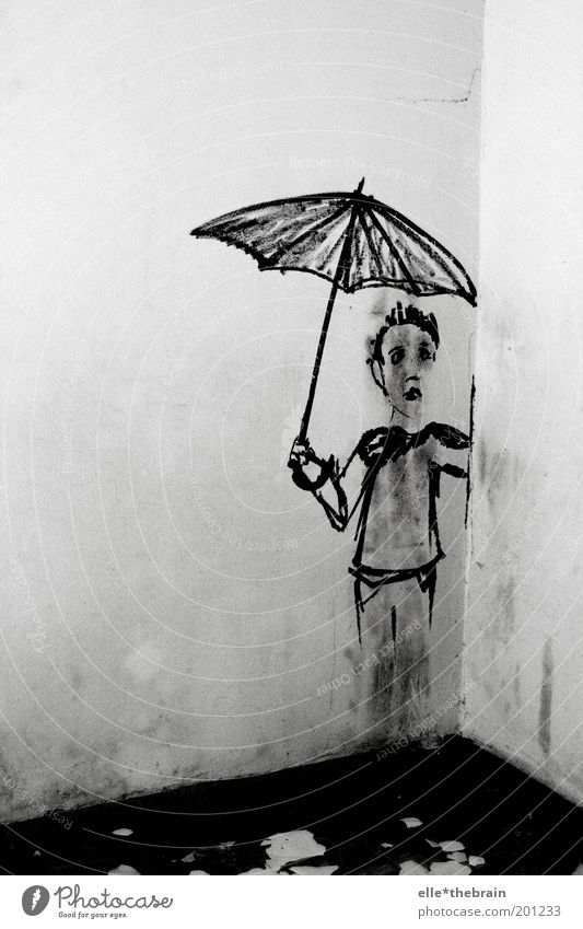 I'm standing in the rain Human being Masculine 1 Neukölln Wall (building) Umbrella Pain Black & white photo Interior shot Copy Space left Copy Space top Day