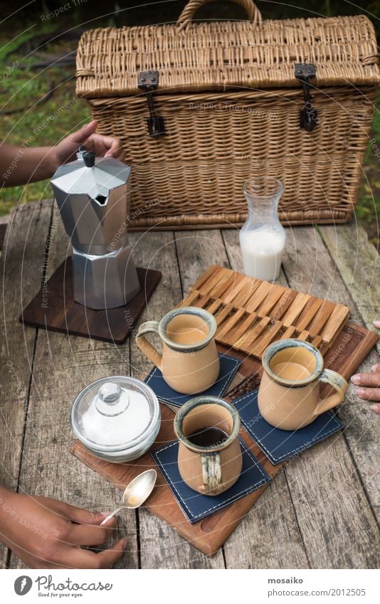 Picnic in the garden Breakfast To have a coffee Diet Beverage Hot drink Coffee Espresso Basket Luxury Joy Camping Summer Human being Feminine Woman Adults Hand
