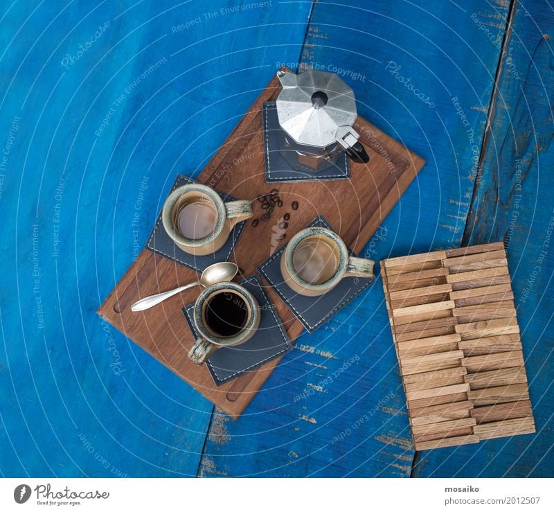 Coffee cups on a blue table Breakfast To have a coffee Buffet Brunch Italian Food Beverage Hot drink Espresso Lifestyle Design Summer To enjoy Drinking Esthetic