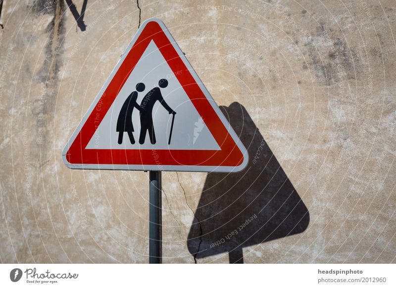 Warning sign: Attention! Old people cross the street Woman Adults Man Female senior Male senior Parents Grandparents Senior citizen Grandfather Grandmother