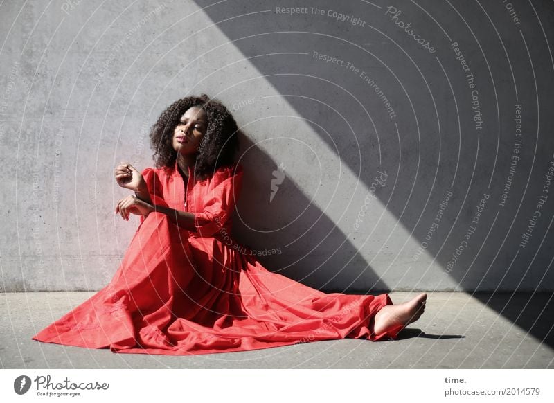 arabella Feminine Woman Adults 1 Human being Wall (barrier) Wall (building) Dress Barefoot brunette Long-haired Curl Afro Observe Relaxation Looking Sit Wait