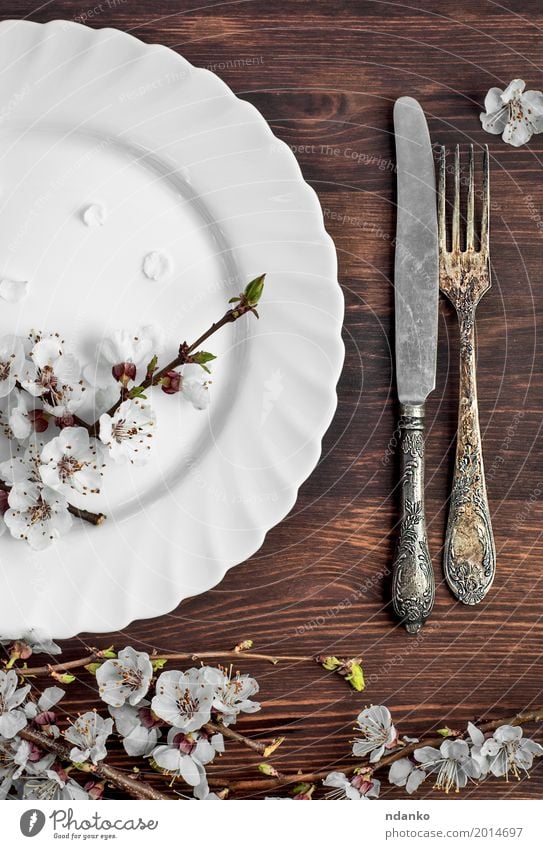 White empty plate and metal vintage knife and fork Lunch Dinner Plate Cutlery Knives Fork Table Kitchen Restaurant Flower Wood Metal Steel Old Eating Above