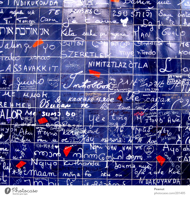 Words of love Paris Wall (barrier) Wall (building) Characters Heart Draw Write Blue Red Infatuation Romance Emotions Equal Kitsch Desire Colour photo Detail
