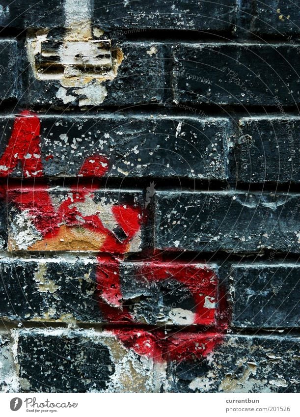 oh noes!!! Art Deserted Old Esthetic Yellow Red Black White Decline Past Transience Brick Graffiti Characters Letters (alphabet) Colour photo Exterior shot