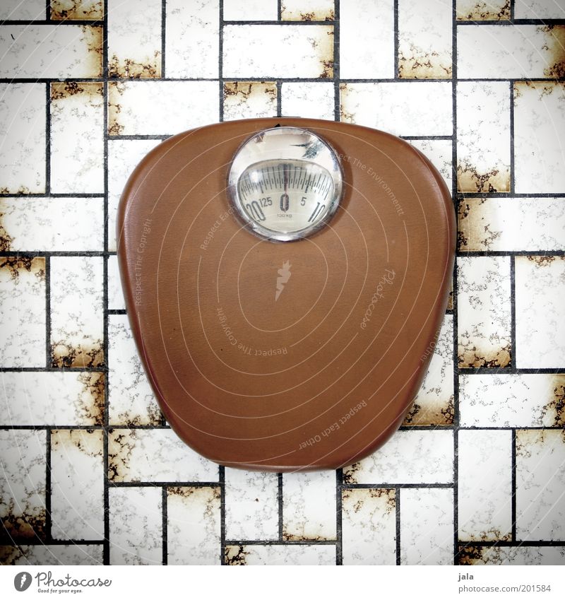 model diet Overweight Scale Tile Retro Brown White Weight Analog Mechanical Deserted bathroom scales Colour photo Subdued colour Interior shot Day
