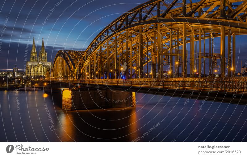 Hohenzollern Bridge and Cologne Cathedral at night Vacation & Travel Tourism Sightseeing City trip Landscape Water Night sky River Town Downtown Dome
