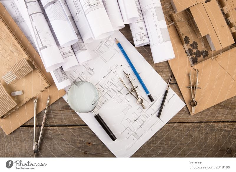 Workplace of architect - construction drawings Design Flat (apartment) House (Residential Structure) Desk Table Office work Industry Business Technology