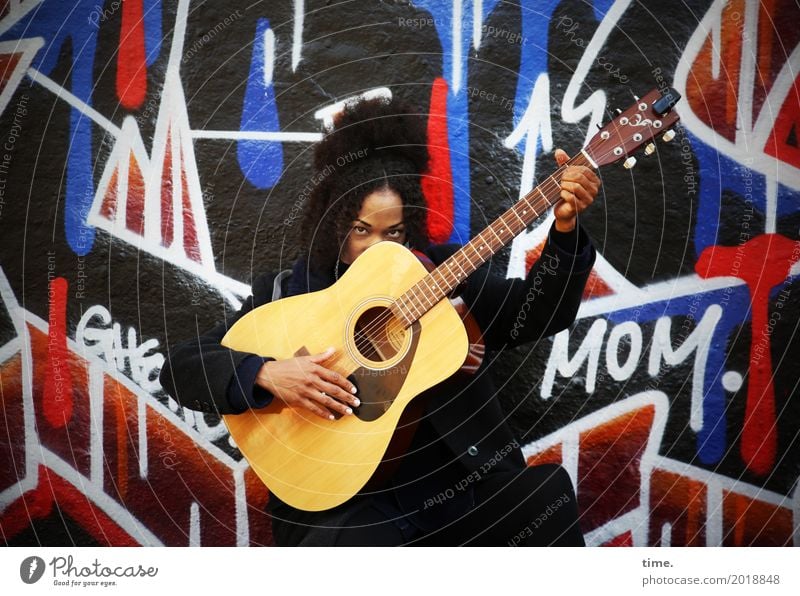 Music | Ghetto Mom (II) Feminine Woman Adults 1 Human being Artist Musician Guitar Wall (barrier) Wall (building) Coat Hair and hairstyles Black-haired Curl