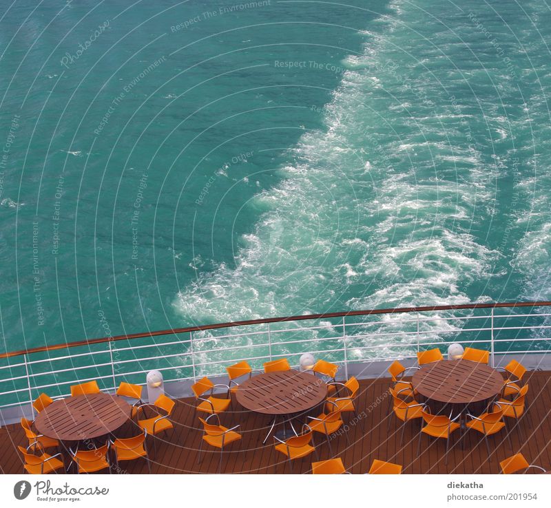 Take cover! Cruise Summer Ocean Restaurant Water North Sea Cruise liner Freedom Vacation & Travel Colour photo Exterior shot Deserted Table Chair Railing