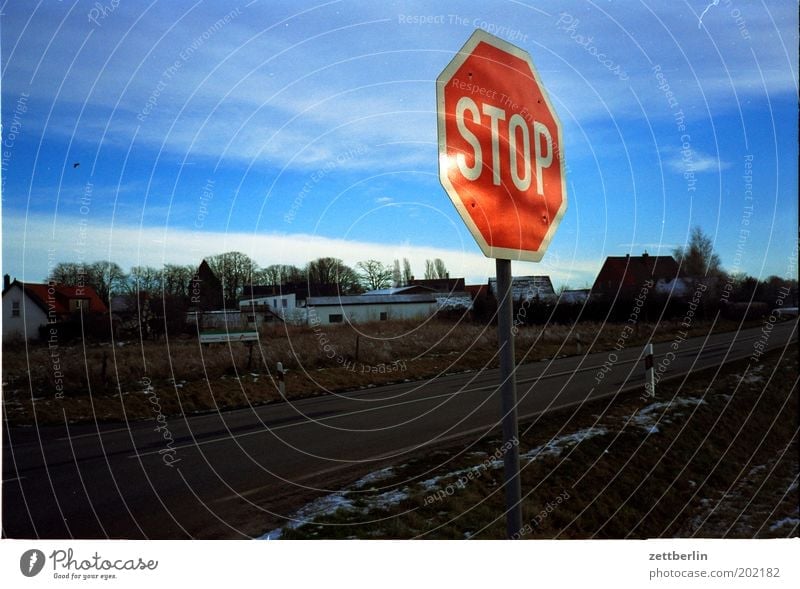 STOP Signs and labeling Road sign Stop sign Hold Bans Street Sky Clouds Winter Information Typography Blue Village Outskirts