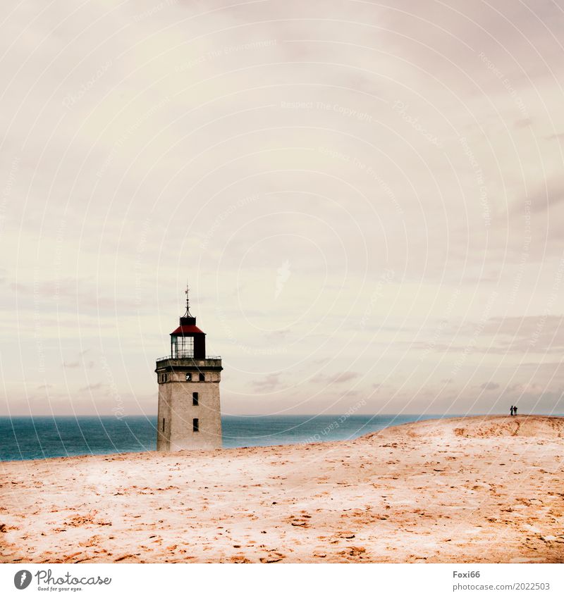 Lighthouse Rubjerg Knude Architecture Landscape Sand Air Water Horizon Summer Climate change Wind Lake North Sea Stone Threat Blue Yellow Gray White Moody