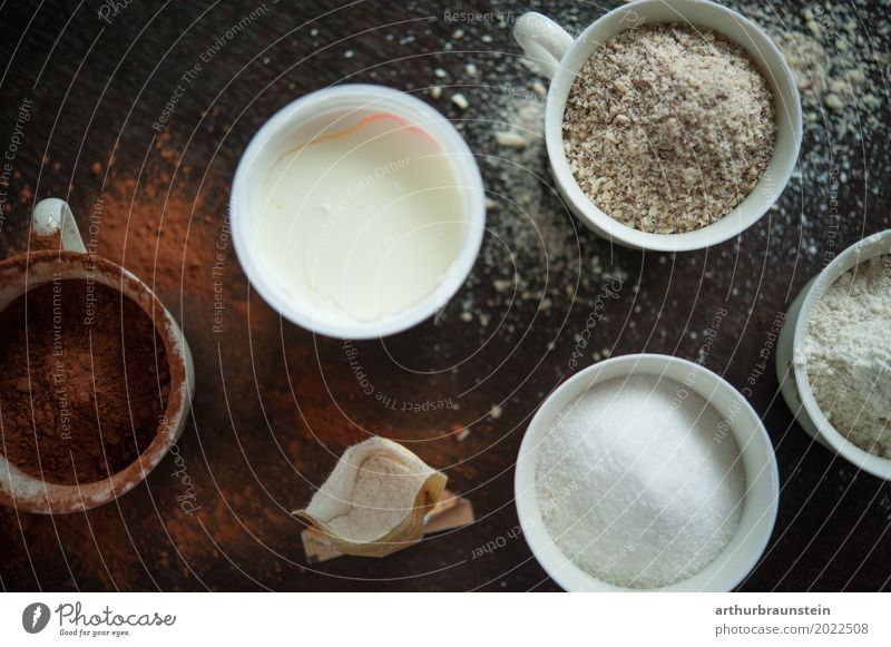 Ingredients Mise en place for cup cake Food Yoghurt Sugar Hazelnut Flour Baked goods Nutrition Slow food Hot Chocolate Cup Healthy Eating Leisure and hobbies
