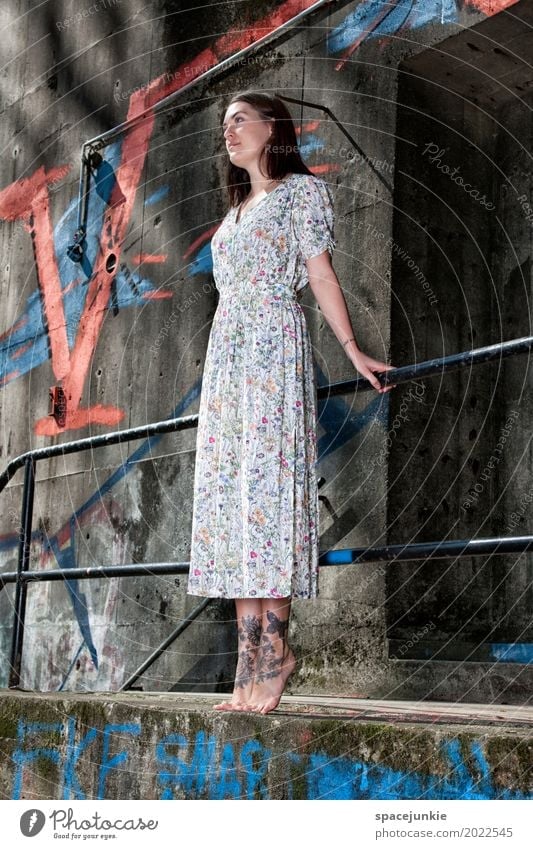 The girl in the dress (4) Human being Feminine Young woman Youth (Young adults) Woman Adults 1 18 - 30 years Wall (barrier) Wall (building) Stairs Facade