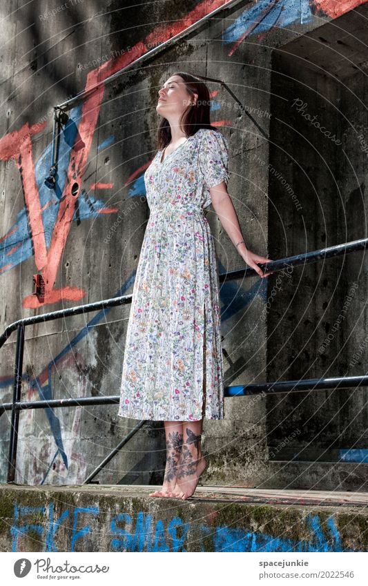 The girl in the dress (3) Human being Feminine Young woman Youth (Young adults) Woman Adults 1 18 - 30 years Wall (barrier) Wall (building) Stairs Facade