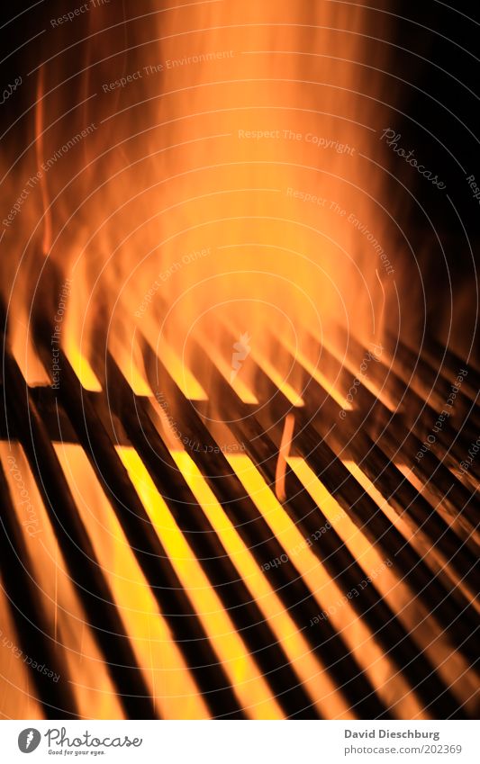 My stomach growls... Yellow Red Black Orange Flame Fire Spark Embers Barbecue (event) Grill BBQ season Warmth Hot Grating Metal grid Line Colour photo