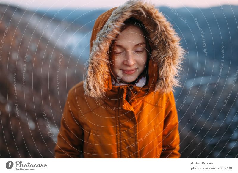 Girl young woman winter closed eyes sundown Human being Young woman Youth (Young adults) Woman Adults 1 18 - 30 years Environment Nature Beautiful weather
