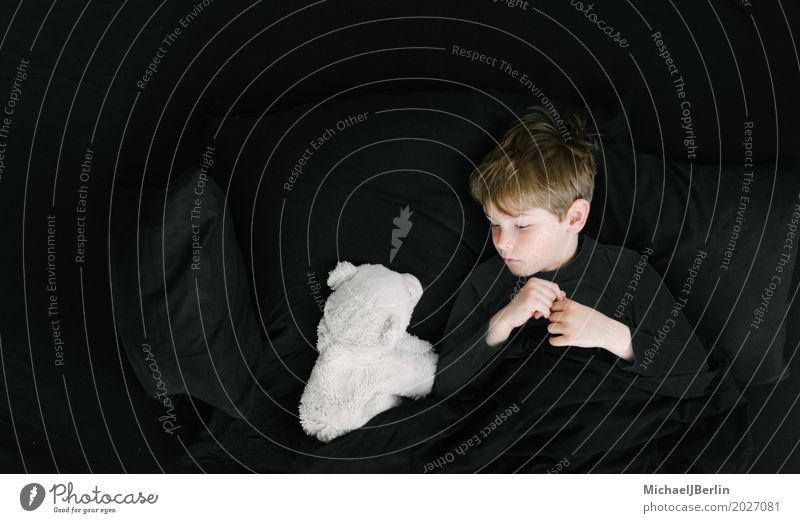 Boy at school age with polar bear in bed Well-being Contentment Relaxation Calm Bed Bedroom Human being Masculine Child Boy (child) Infancy 1 3 - 8 years Blonde