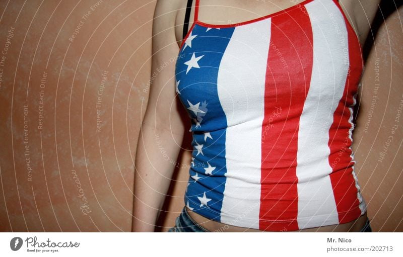 proud Mary Feminine Woman Adults Chest Arm Stomach Thin Eroticism Blue Red White American Flag USA Ensign National team Stripe Top Patriotism World power Pride