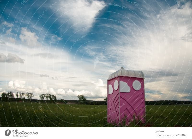 there are places Clouds Field Plastic Sharp-edged Pink Cleanliness Toilet Exterior shot Deserted Copy Space top Rental toilet Environmental protection
