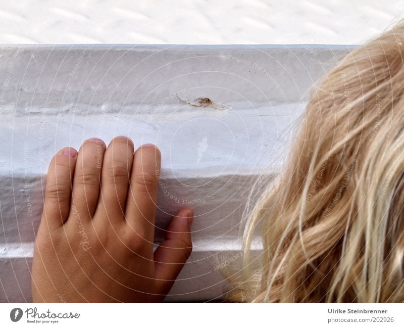 Blonde child looking over the railing of a ship Hair and hairstyles Trip Child Boy (child) Head Hand Fingers Navigation Watercraft Long-haired To hold on Small