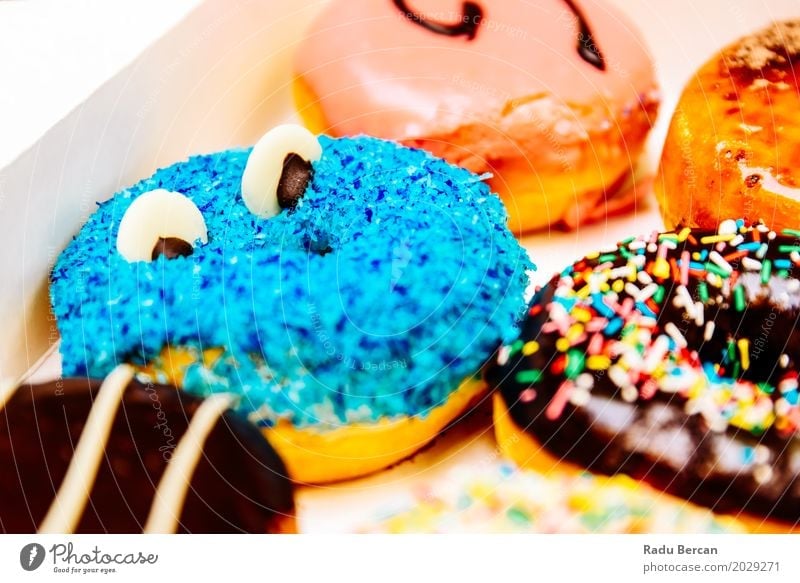 Funny Colorful Donuts In Box Food Dough Baked goods Dessert Candy Chocolate Nutrition Eating Breakfast Fast food Diet To feed Feeding Fresh Delicious Round