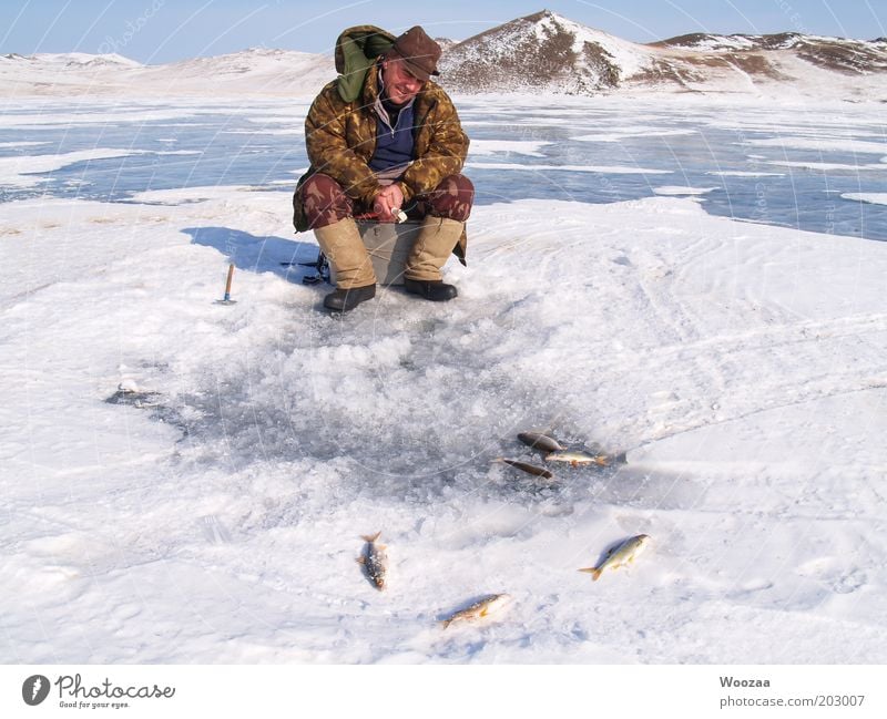 ICE FISHING BAIKAL Fishing (Angle) Adventure Masculine Man Adults 30 - 45 years Lake Lake Baikal Jacket Observe Catch Crouch Hunting Sit Wait Authentic Happy