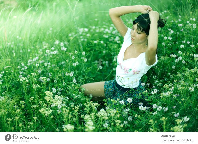 Summer Human being Young woman Youth (Young adults) 1 18 - 30 years Adults Eroticism Field Flower Green Hair Colour photo Exterior shot Day