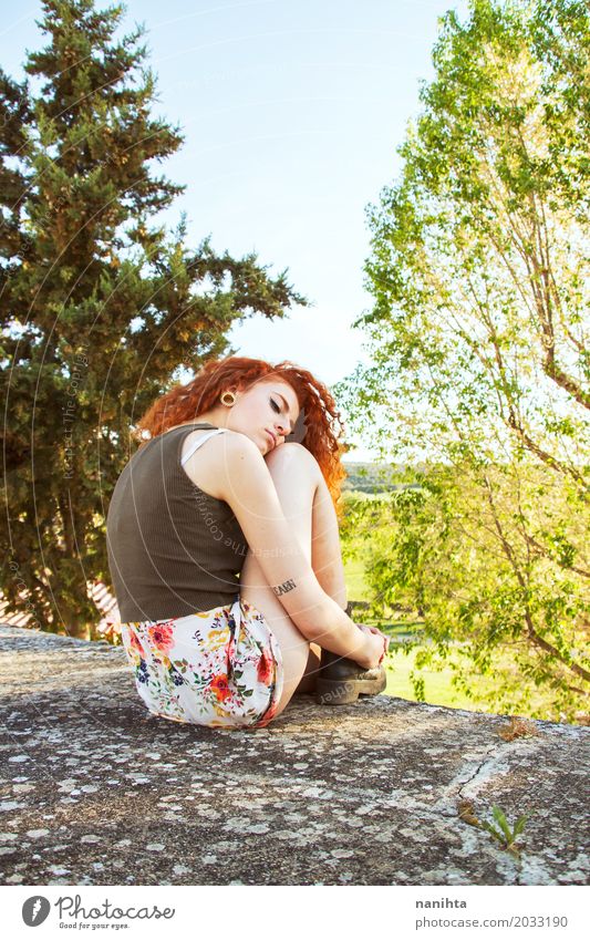 Young redhead woman sitting near a forest Lifestyle Healthy Wellness Relaxation Calm Meditation Human being Feminine Young woman Youth (Young adults) 1