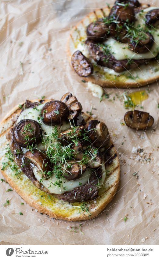 Steak sandwich with day song and mushrooms Meat Dairy Products Bread Herbs and spices Nutrition Lunch Dinner Eating Brown Colour photo Interior shot Day